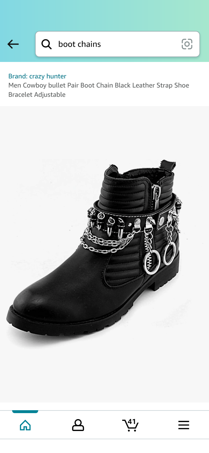 a pair of black leather cowboy boots with a silver chain ankle strap, displayed on a white background. the boots have a zipper on the side and a quilted design.  the caption reads "men cowboy bullet pair boot chain black leather strap shoe bracelet adjustable."