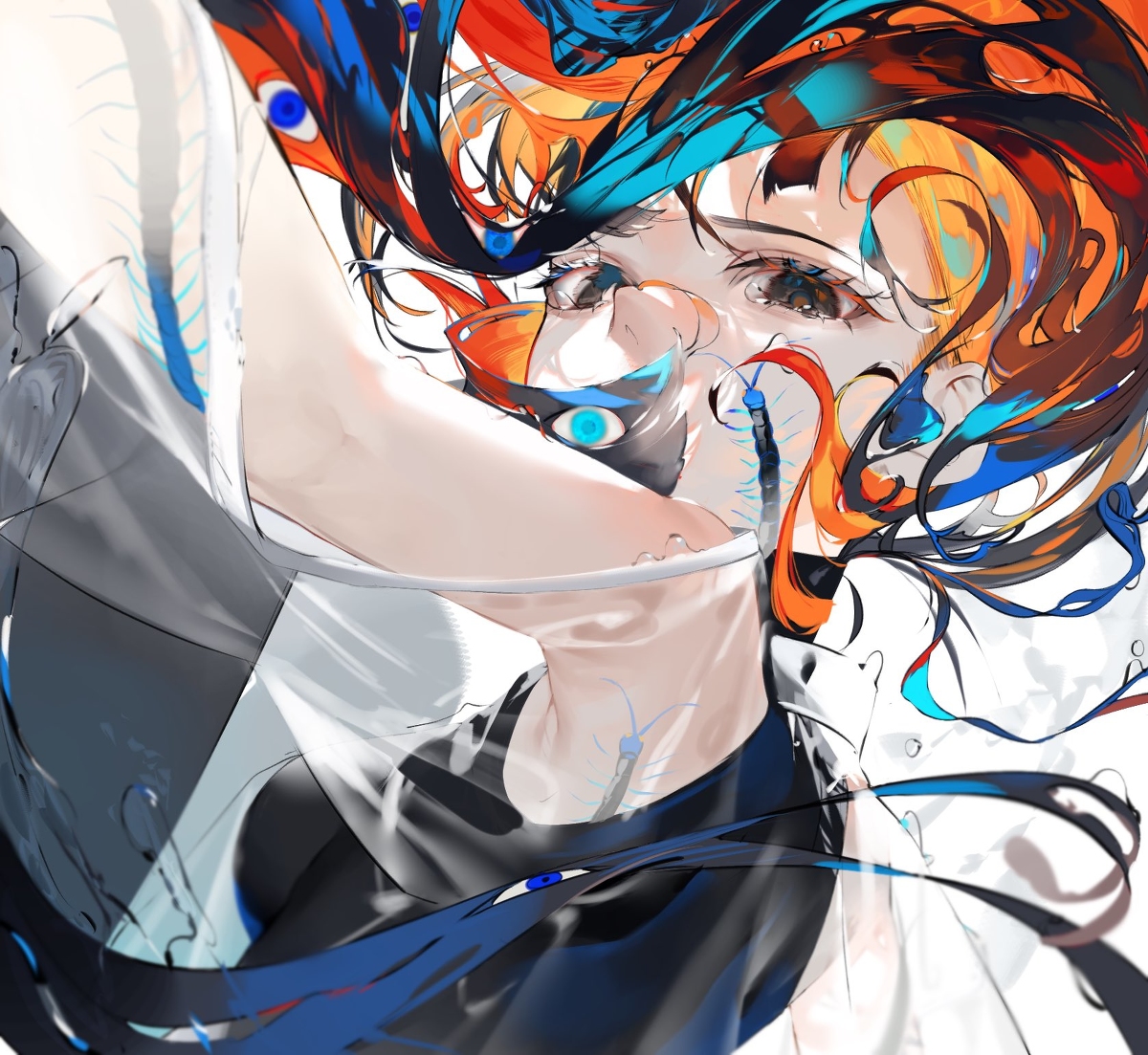 a stylized portrait of a woman in an anime art style. she has orange and blue hair and is wearing a black shirt under a white top. the artwork features distinct blue eyes and vibrant color accents.