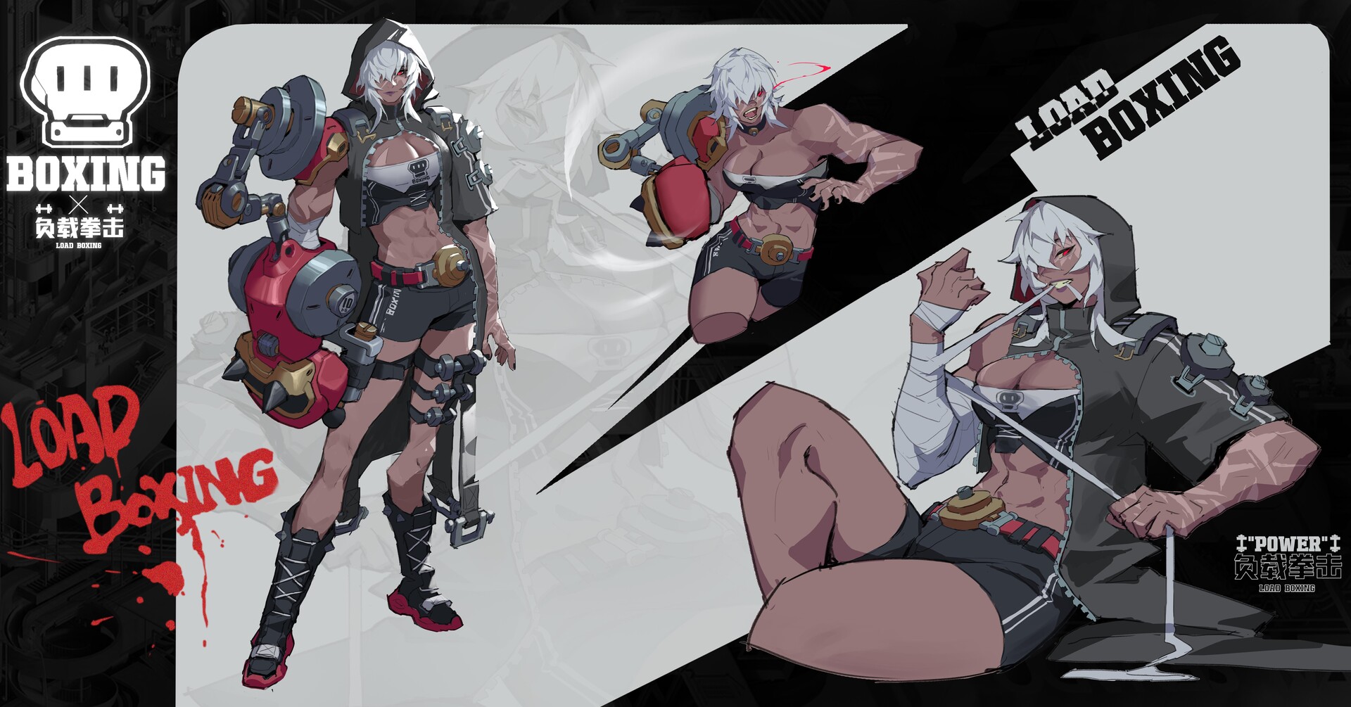 the image contains illustrations of a muscular female character dressed in attire suitable for boxing. she has white hair, fair skin, and wears short shorts and a cropped top, emphasizing her welldefined abs. one of her arms is replaced with a robotic arm and fist, and she sports an eyepatch, adding to her tough appearance. she also has scars and bandages on her body, suggesting past battles. she is depicted in different poses, showcasing her physique and boxing gear. the background features the words "load boxing" and other related text and symbols, indicating the theme of the artwork.
