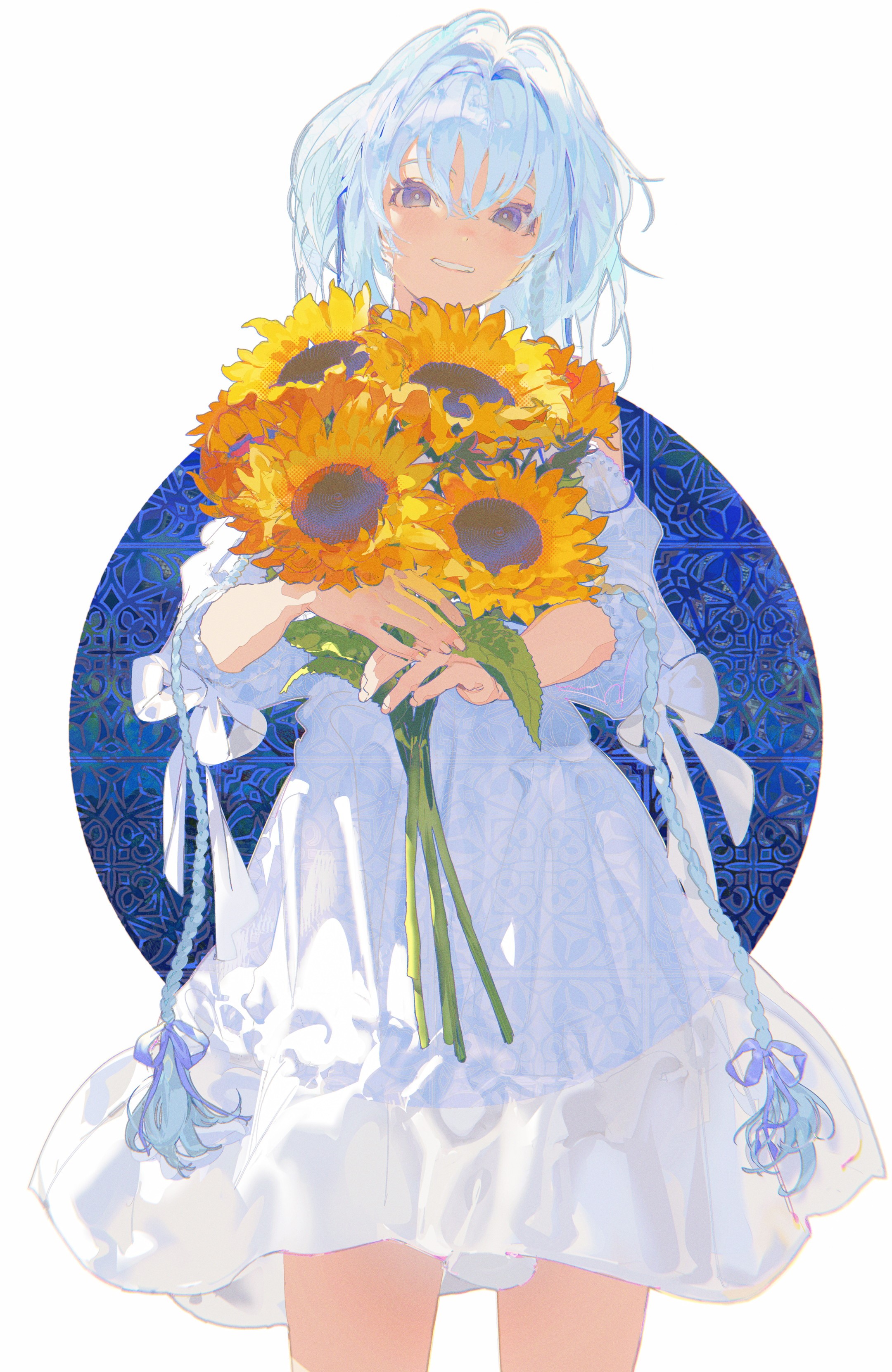 the image showcases a digital painting or illustration of an animestyle girl. she has long, light blue hair styled in loose braids with light blue ribbons.  she's wearing a light blue and white ruffled dress. her expression is soft and happy. the girl is holding a large bouquet of sunflowers, which she holds gently in front of her. the background features a dark blue circular design with intricate patterns.  the overall style is soft, pastel, and peaceful, with a focus on delicate details in the character's hair and dress, as well as the vibrant sunflowers. the composition is centered on the girl, making her the clear focal point of the image.