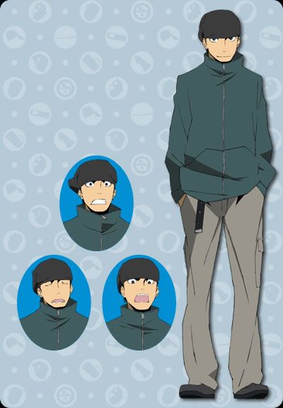 the image is a digital illustration of an anime boy character with different expressions. the main image shows the boy in a green jacket and brown pants, with his black hair. he is looking at the viewer with a neutral expression. there are three smaller images on the left showing the boy with different expressions: surprised, scared, and shocked.