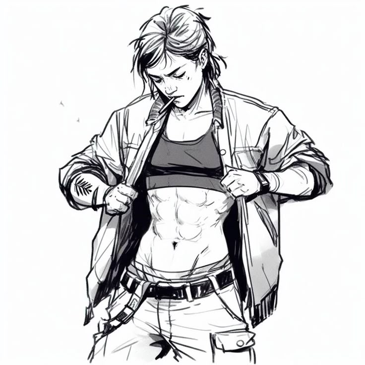 a black and white sketchstyle drawing of a muscular woman with visible abs. she is wearing a sports bra, a denim jacket that she is pulling open, jeans, and a belt. she has a cigarette in her mouth and a tattoo on her arm. the overall style resembles a graphic novel or comic book illustration.