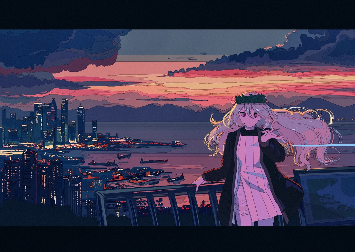 the image is a digital illustration featuring an animestyle girl with long blonde hair and a flower crown. she's standing on a balcony overlooking a vibrant, nighttime cityscape that strongly resembles hong kong, with its dense collection of skyscrapers and harbor filled with ships. the sky is a breathtaking blend of dark clouds and a beautiful sunset, displaying a range of pastel pinks, purples, and oranges. the overall mood is calm and romantic, with a focus on the contrast between the girl's peaceful demeanor and the bustling city below. the art style is stylized and painterly, using a limited color palette to create a striking visual effect.