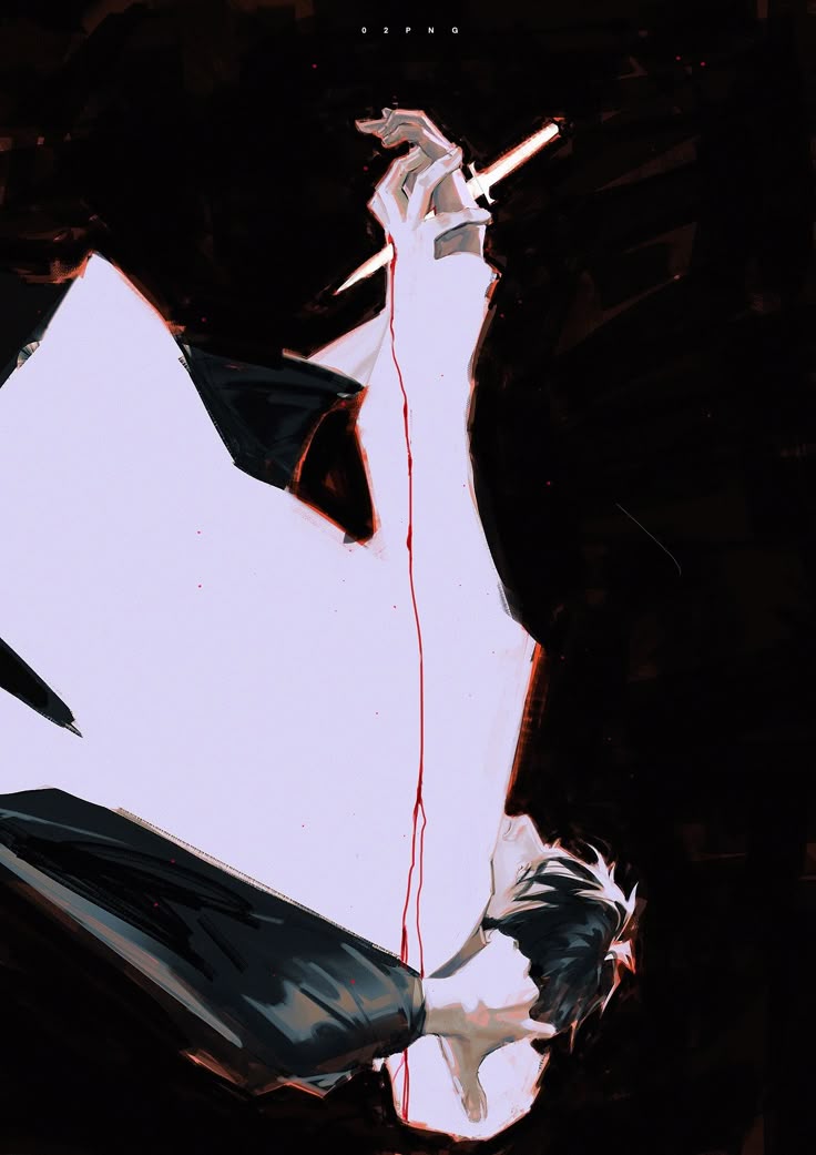 a stylized digital illustration of a man in a white suit against a dark background. the man is holding a sword, and a streak of blood runs down from his hand. the image is dramatic and monochrome, with the artist's signature, zephno, visible at the top.