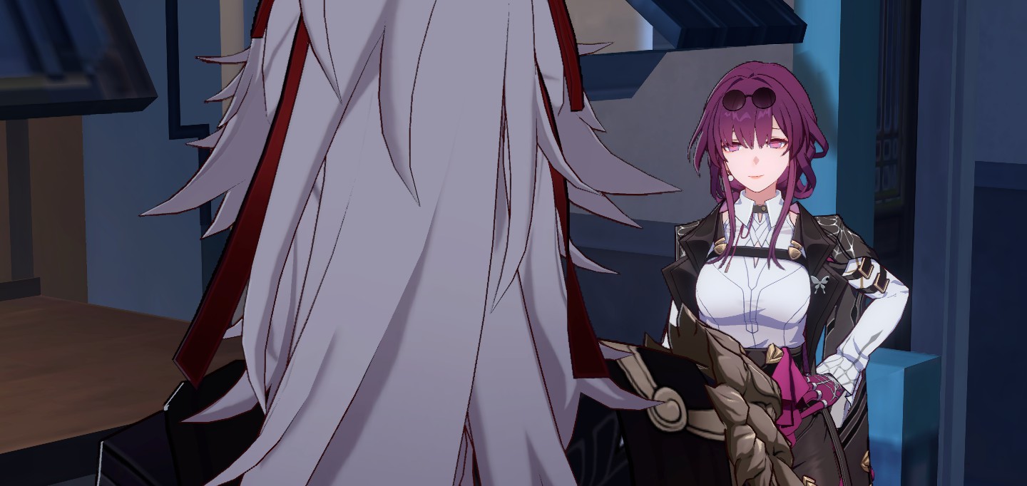 an anime girl with long purple hair and a white shirt under a black jacket is standing with her back to the camera. the girl is wearing glasses and her hair is up in a ponytail. another girl with silver hair is looking at her with a smile.  the girls are standing in a room with a blue and gray color scheme.