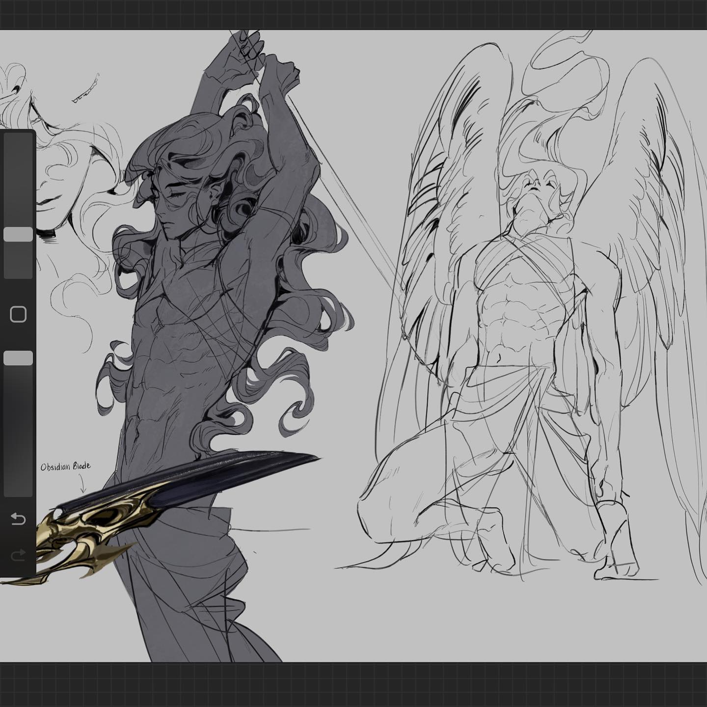 this digital sketch shows a male angel character with large, feathery wings. he is holding a sword and has a muscled physique. the sketch appears to be incomplete, with a few details missing, and the lines are drawn lightly.  the image appears to be cropped and part of a larger illustration.
