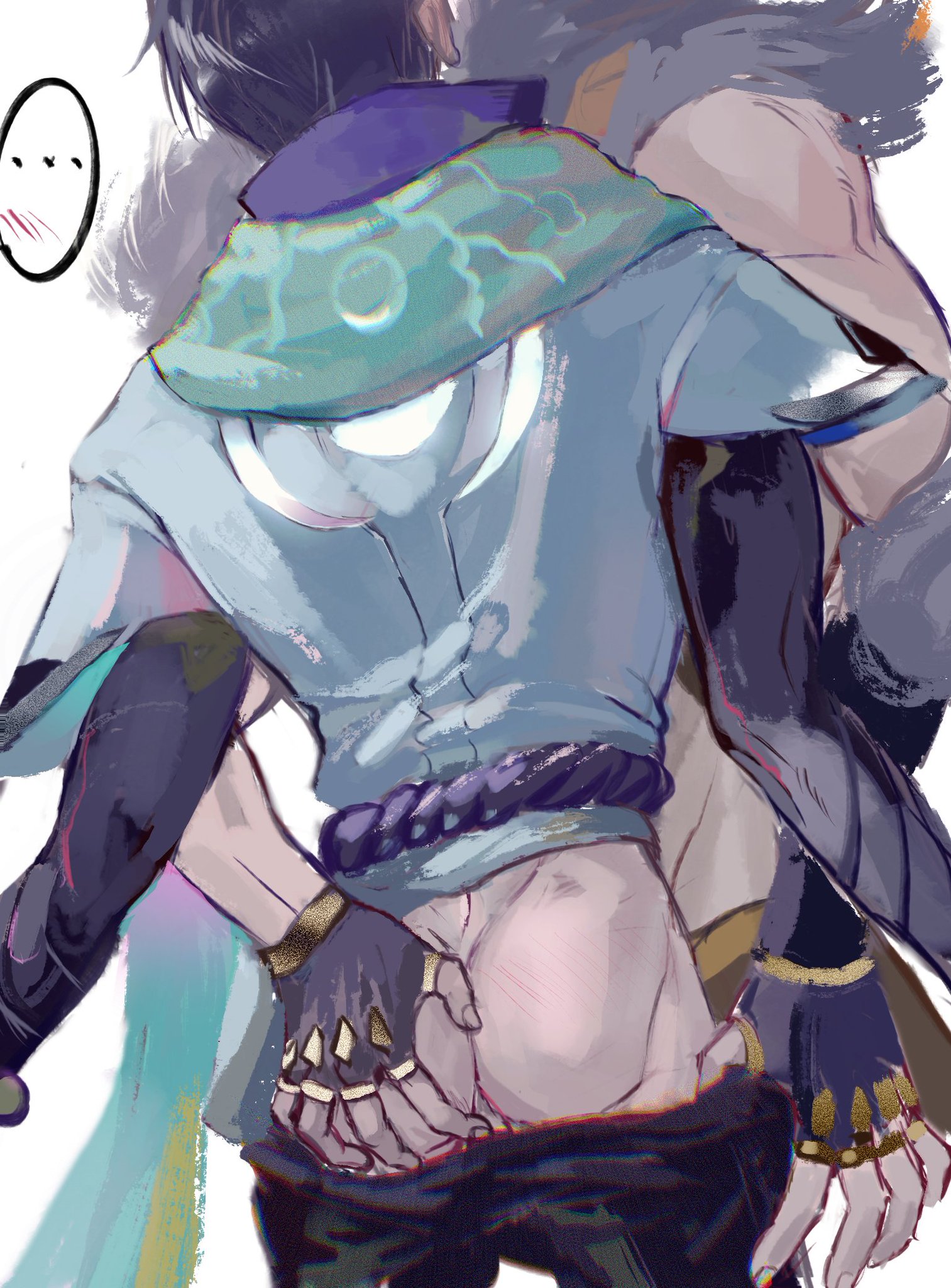 a digital illustration of two anime characters, male, dressed in fantasystyle attire, one with a green and blue cape and another one wearing black and brown with some gold on his gloves. they are standing close to each other. the character on the left seems to be holding the back of his pants.  they are shown in a closeup perspective.