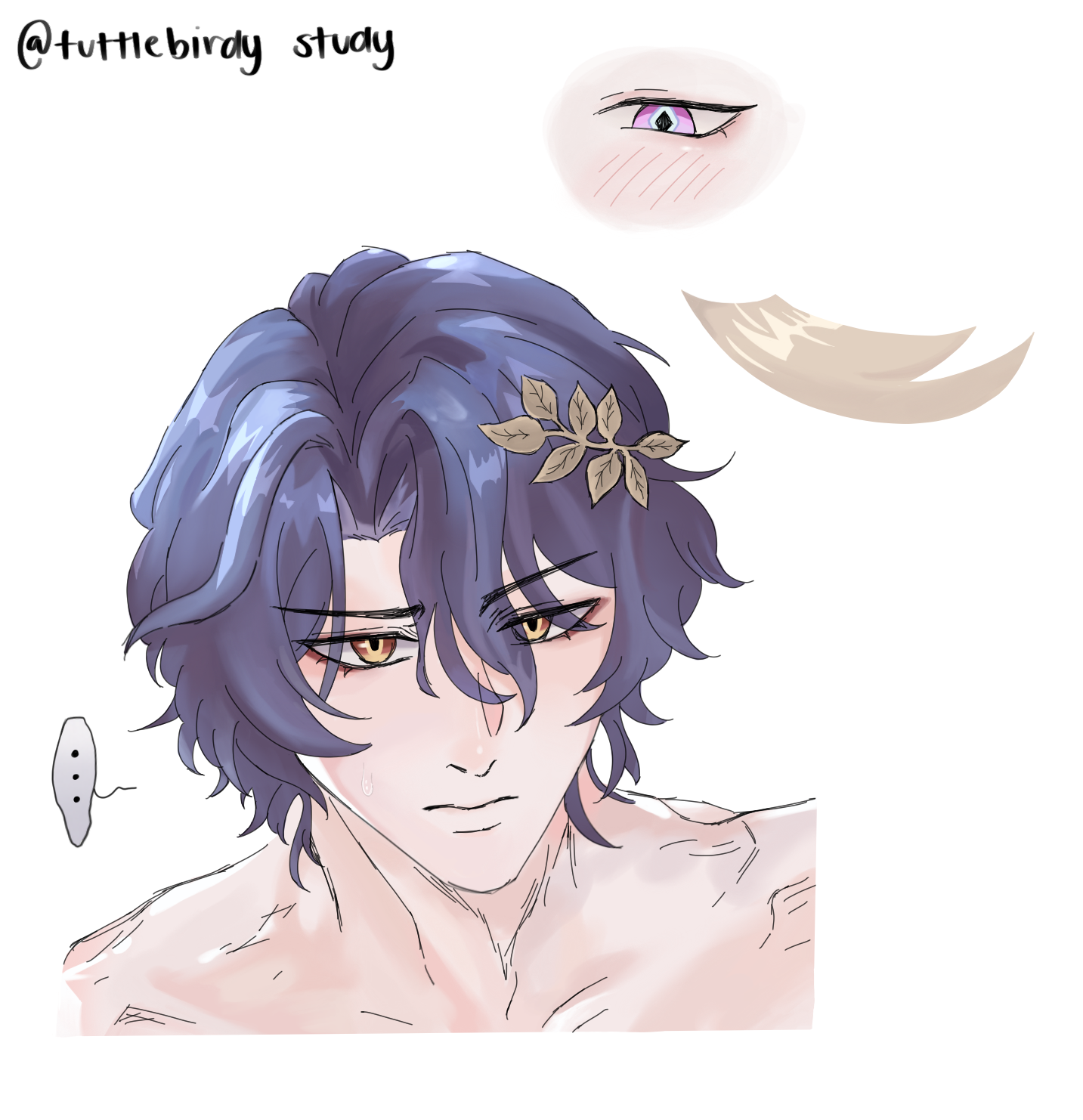 the image is a digital drawing of a young man's head and shoulders.  he has long, styled purple hair with a gold leaf ornament in his hair. his eyes are a striking orangegold, and he has a slightly pensive or serious expression. he appears to be shirtless, with the upper part of his chest showing. there are smaller sketches in the upper right corner showing details of the eye, blush, and a strand of blonde hair, seemingly used as reference or study elements for the main drawing. the overall style is soft and slightly painterly, with a focus on capturing a mood or atmosphere rather than strict realism.  the artist's watermark "@tuttlebird study" appears at the top.