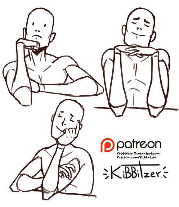 this image shows three sketches of a man sitting and thinking. the poses are in simple outline and are designed to be used as a reference for artists. the man in the top left is leaning forward with his chin on his hand. the man in the top right is sitting with his arms crossed in front of him. the man in the bottom is also leaning forward with his chin on his hand. there is a signature and a watermark for a website in the bottom right corner.
