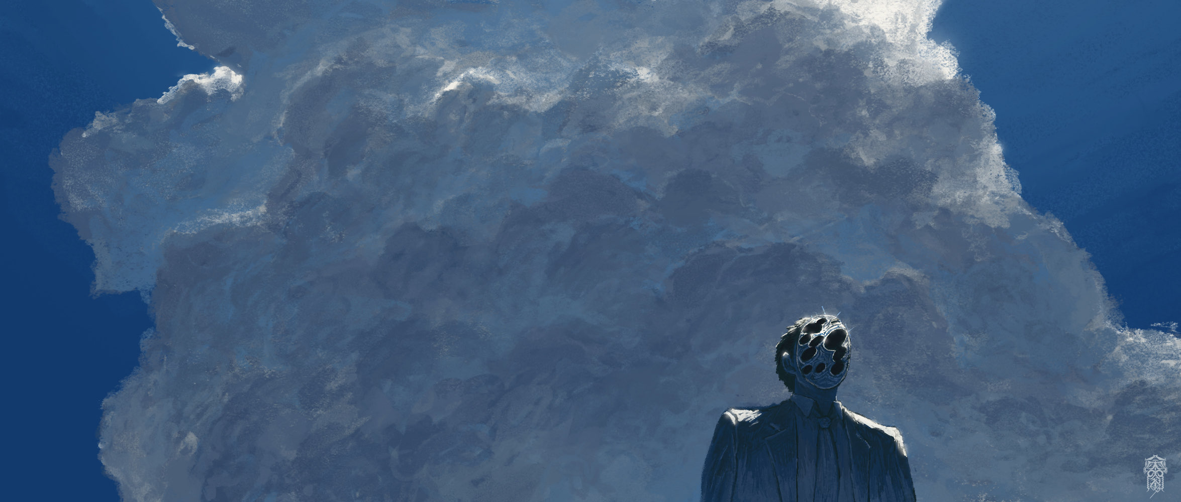 the image is a digital painting featuring a surreal and unsettling scene. in the foreground stands a figure wearing a dark suit. instead of a face, the figure has a head filled with dark, irregularly shaped holes, creating a disturbing and faceless appearance. behind the figure, the majority of the image is dominated by large, ominous clouds against a blue sky. the overall atmosphere is dark, mysterious, and eerie, with an abstract quality that adds to the sense of unease.
