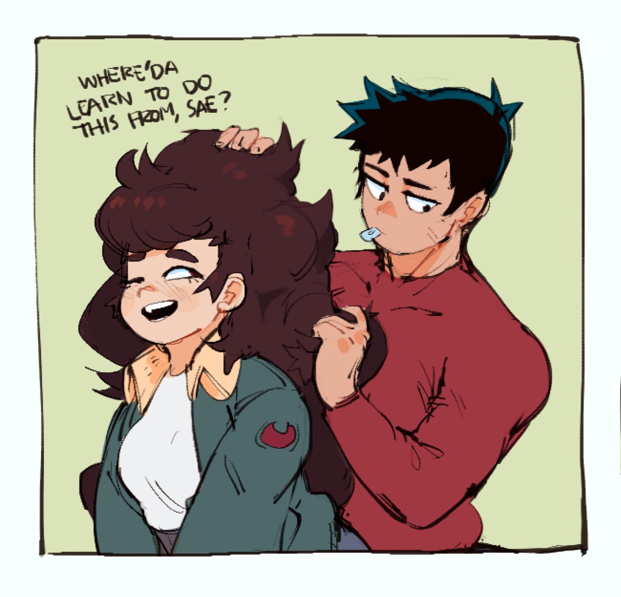 the image shows a cute cartoon couple. the girl has long dark hair and is wearing a green jacket and a white shirt. the boy has short dark hair and is wearing a red sweater. the boy is hugging the girl from behind and saying, "where'da learn to do this from, sae?". the girl is blushing and smiling. the background is a light green color. the image is a digital illustration.