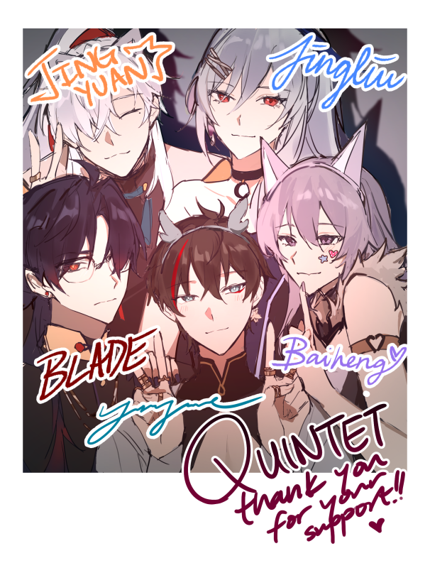 this is a digital drawing of a group of five animestyle characters. they are standing together, smiling, and looking at the camera. the characters are all dressed in different outfits and have unique hairstyles. the background is a simple, solid color.  the image is colorful and cheerful, and the characters appear to be happy and close. there is an inscription at the bottom, which says "quintet thank you for your support!!" and also signatures of the characters' names. this could be a fan art of a popular anime, manga, or a video game.