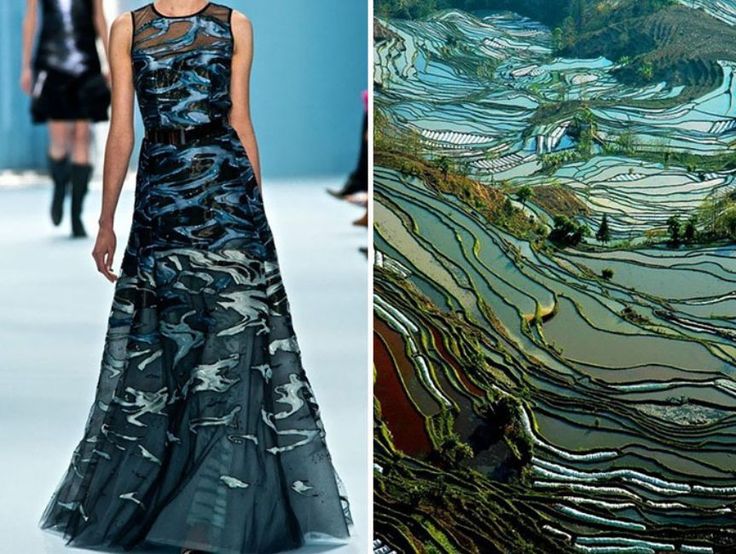 the image is a split image. the left side shows a model wearing a long, flowing gown. the gown is blue and black with sequins and lace. the model is walking down a runway and is surrounded by other models. the right side of the image shows a landscape of rice terraces. the terraces are green and waterfilled, and they are located in the mountains of china. the image is a juxtaposition of fashion and nature. it shows the beauty of both the humanmade and the natural world.