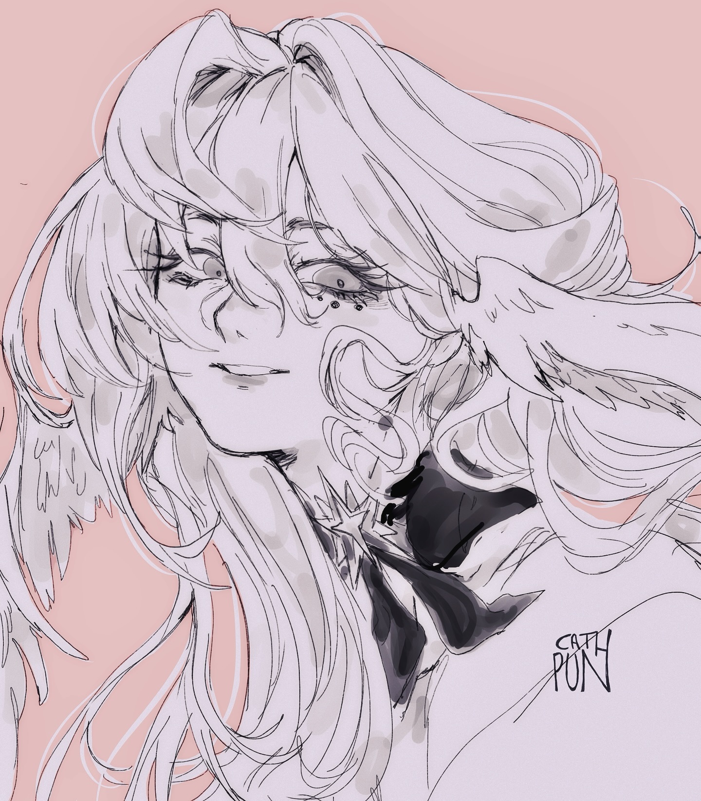 the image is a stylized digital drawing or sketch of a young woman with long, flowing white hair.  she has a delicate, almost ethereal appearance.  elements of wings or feathers are incorporated into her hair and near her neck, adding a fantastical touch.  the style is reminiscent of anime or manga, with soft lines and shading. the overall color palette is soft, using mainly grayscale with a pale pink background. the artist's signature, "cath pon," is subtly visible in the lower right corner. the woman's expression is serene, and the overall mood is peaceful and dreamlike.