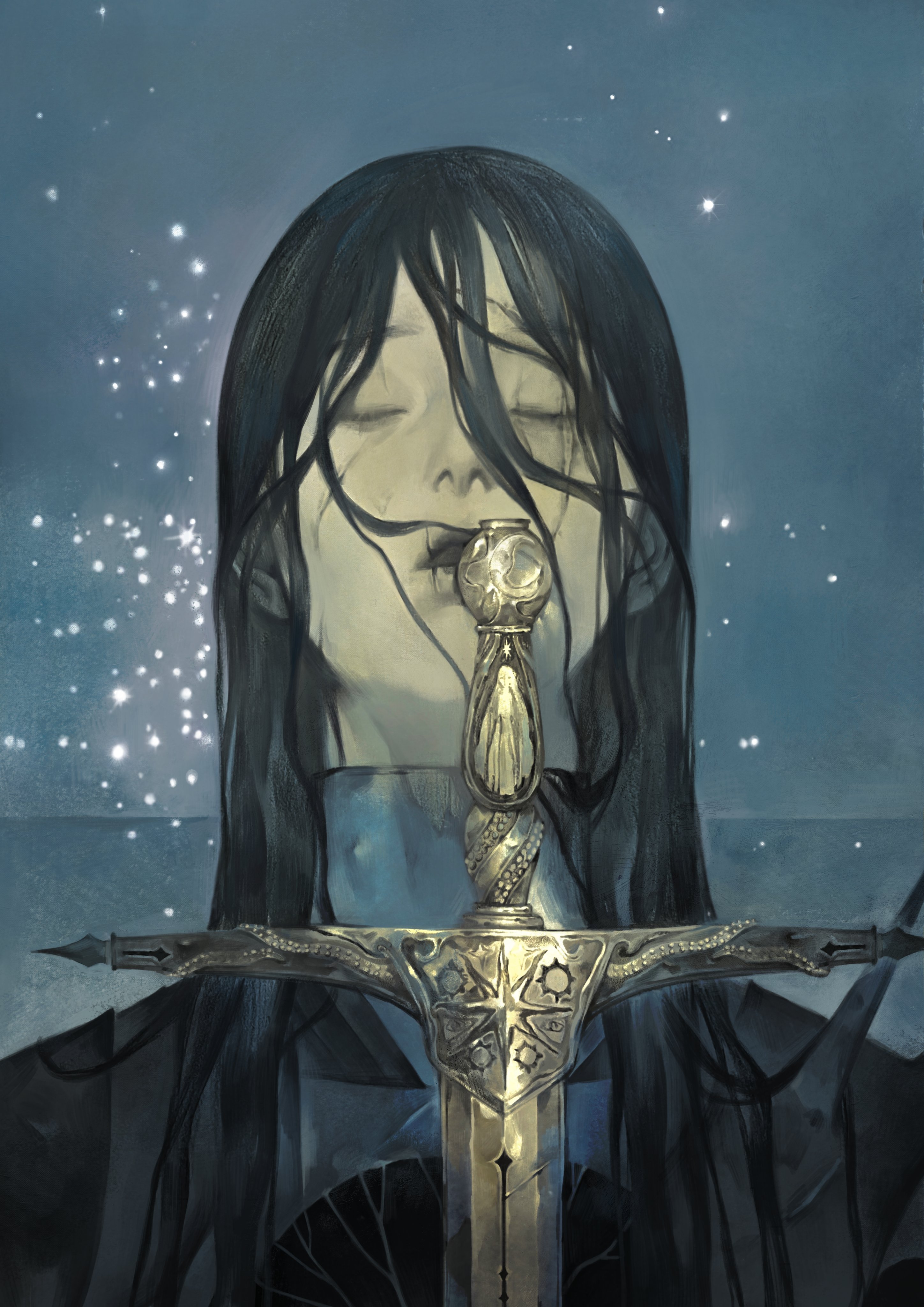 a woman with long black hair is seen with her eyes closed. her face is illuminated by the soft light of a sword which she holds to her lips. the sword has an intricate design,  and the woman is dressed in a dark cloak. there are faint lights in the background. the image has a dark and mysterious tone, suggesting a story of power and sorrow.