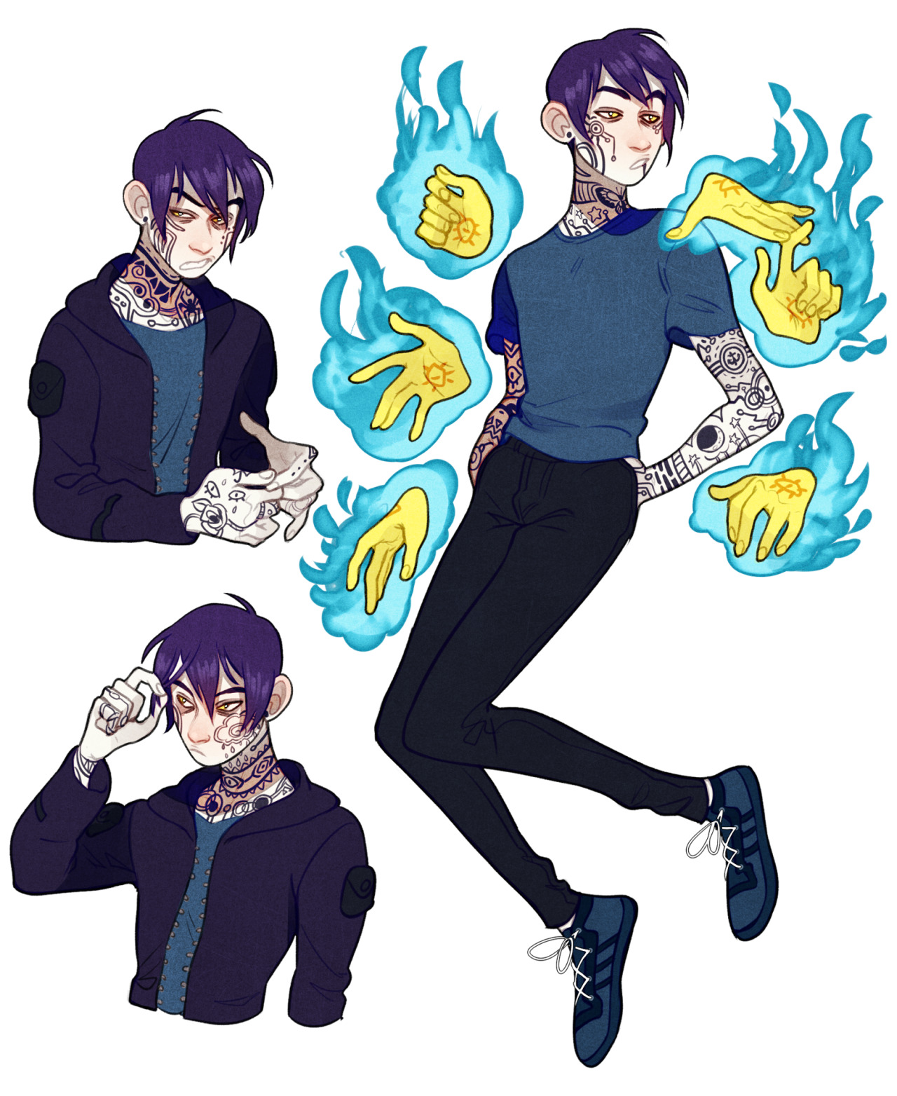 a young man with dark purple hair and intricate tattoos covering his arms and neck. he is depicted in three different poses, showcasing his ability to conjure blue flames in the shape of hands with yellow sun symbols in the palms. he wears a simple outfit of a blue tshirt, black pants, and blue and white sneakers.