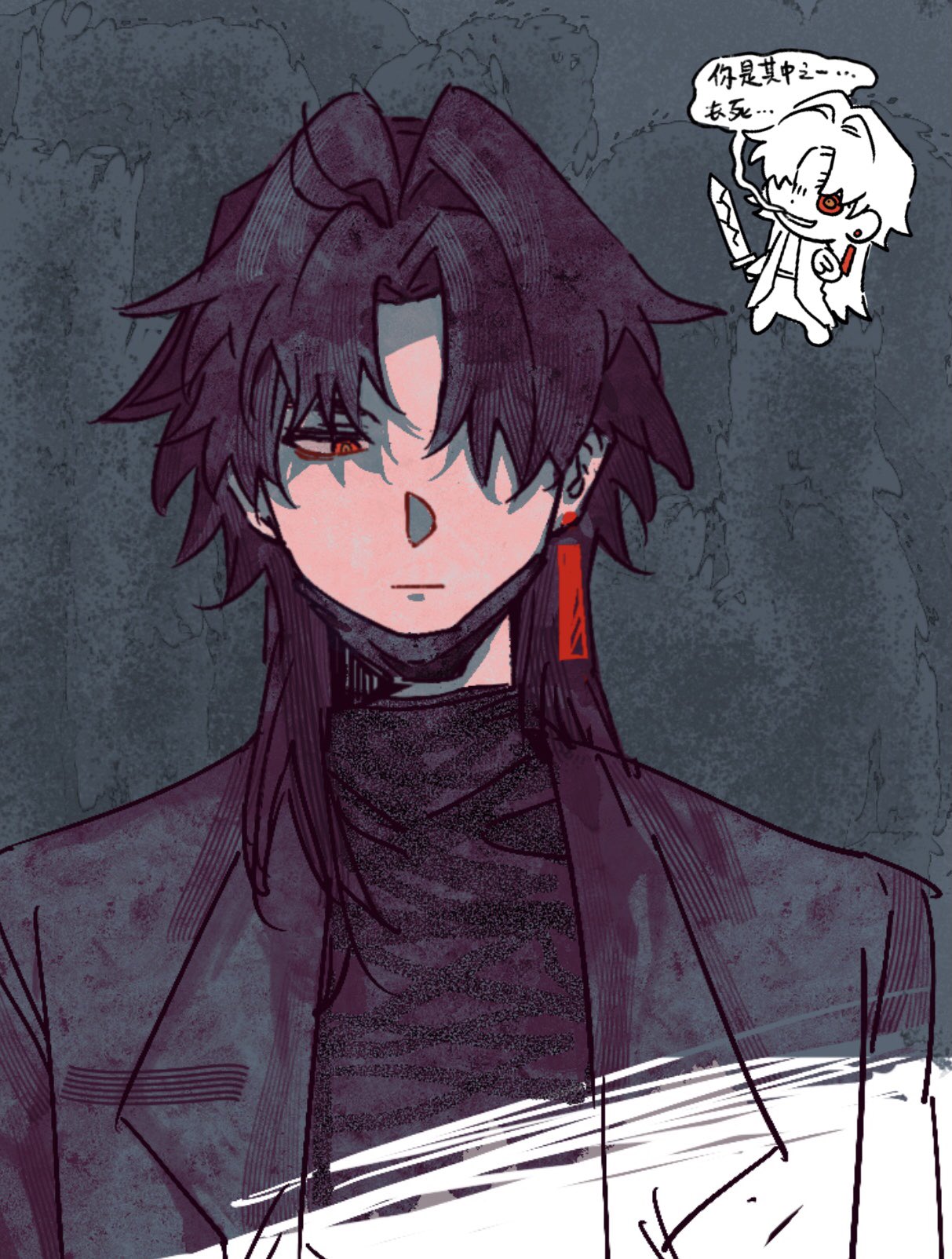 this image is a digital illustration of an anime character. he is a young man with long black hair and red eyes. he is wearing a black suit and a white shirt. he is looking down with a serious expression. he has red earrings on his right ear. he is standing in front of a dark background. the image is drawn in a manga style and has a dark and moody atmosphere. the character is likely a protagonist or antagonist in a story.