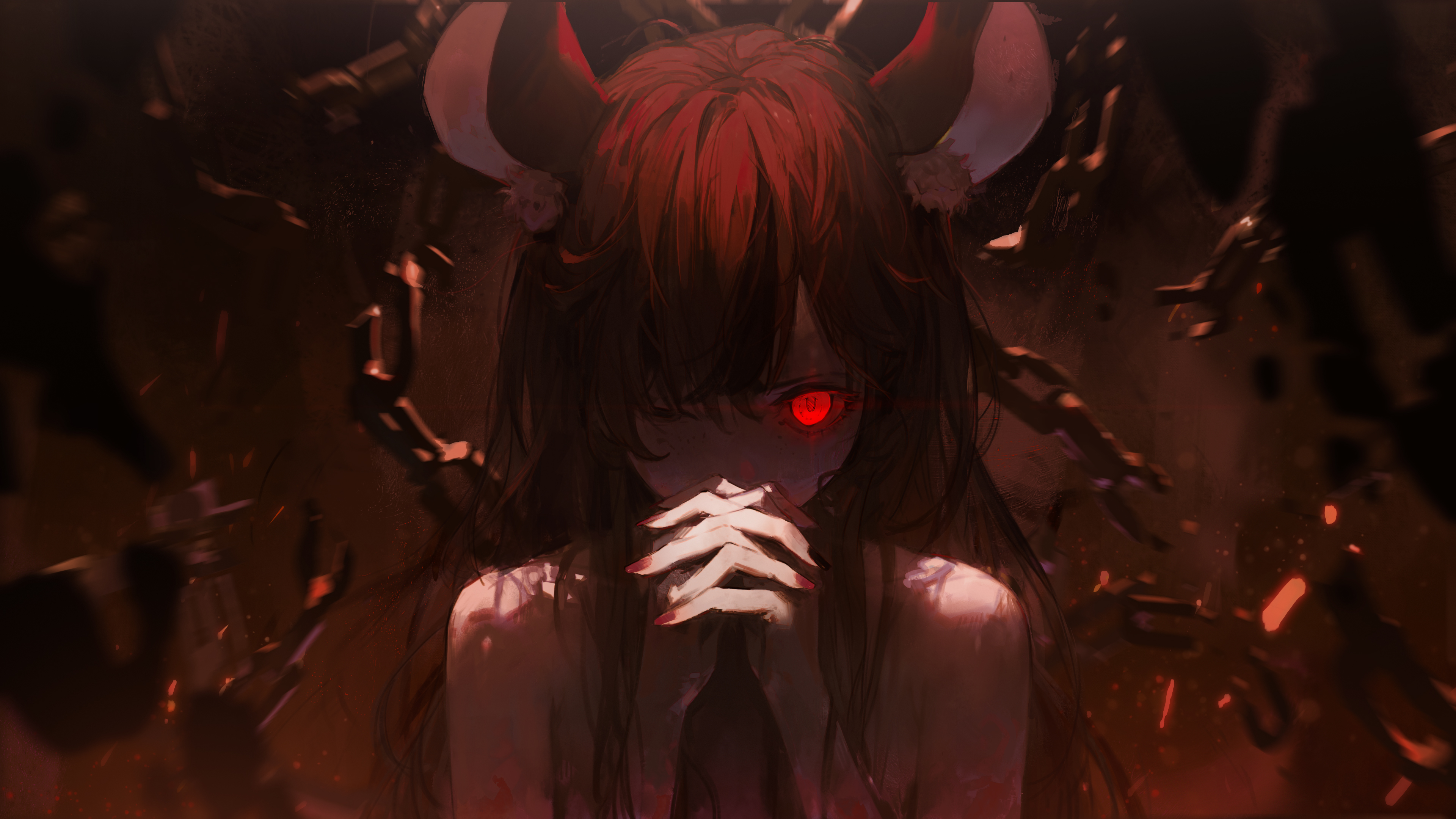 a digital illustration of an anime girl with demonic features, including red eyes and horns, set against a dark and foreboding background. she has long hair and her hands are folded in front of her, suggesting she is either praying or scheming. chains surround her, adding to the sense of entrapment and horror. the overall color scheme is dominated by reds and blacks, creating an ominous and fantasylike atmosphere.