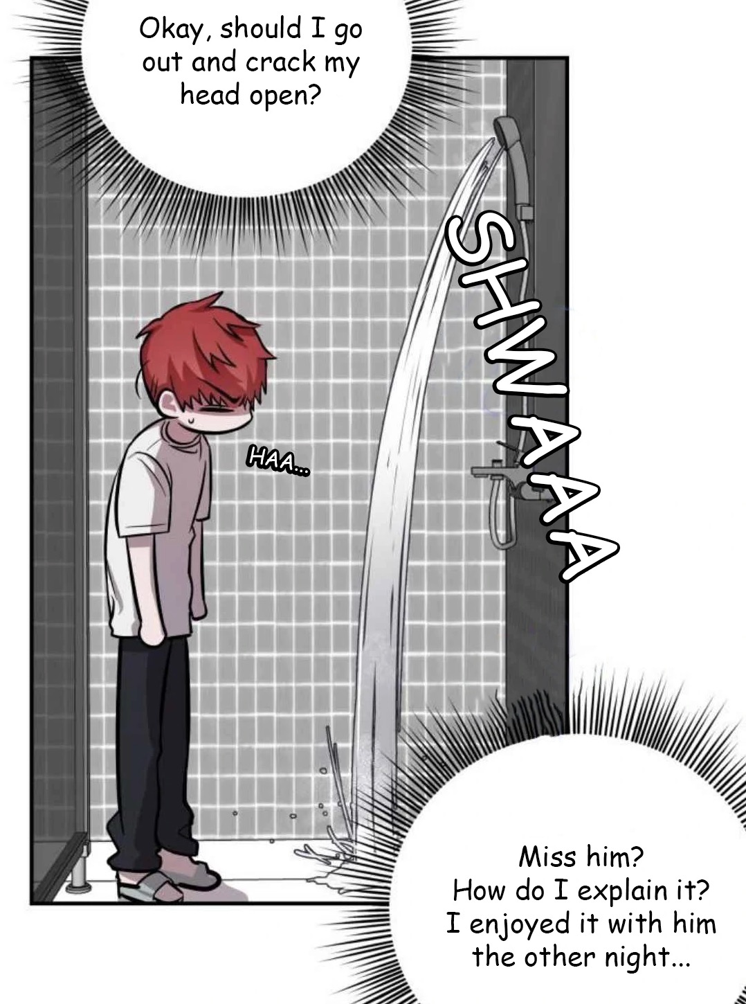 he image is a panel from a manhwa or webtoon. it depicts a young man with red hair standing in a bathroom, looking downcast. water is splashing on the floor next to him. there are speech bubbles indicating his inner thoughts, expressing feelings of sadness and regret, possibly related to a romantic encounter. the art style is typical of manhwa, with clean lines and expressive characters. the overall mood is melancholic and introspective.