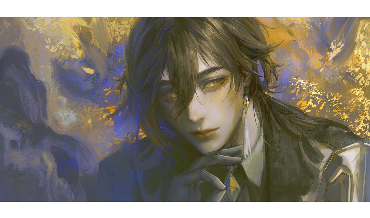 a digital painting of a handsome young anime man with long black hair. he has golden eyes and is wearing a black jacket and a white shirt with a gold tie. his earring is gold with a white feather. he has a thoughtful expression and is looking at the viewer. the background is abstract and blurred with colors of yellow, gold and blue.