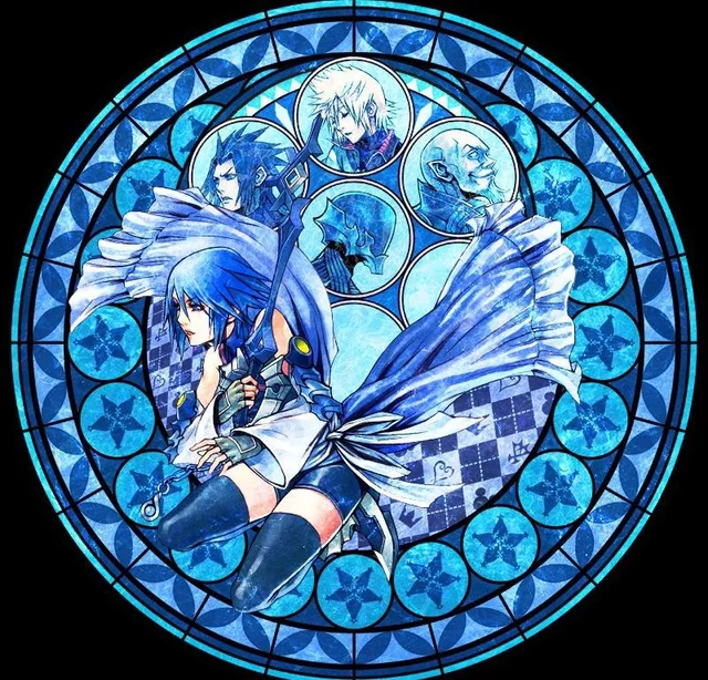 the image showcases a round stainedglass window design featuring characters from the "kingdom hearts" video game series. the central figure is aqua, a female character with blue hair and a white and blue outfit. she is prominently placed in the foreground. surrounding her are smaller depictions of other characters within circular frames, interconnected by intricate blue and light blue patterns reminiscent of stained glass. the overall color scheme is dominated by various shades of blue, contributing to a mystical and ethereal aesthetic.