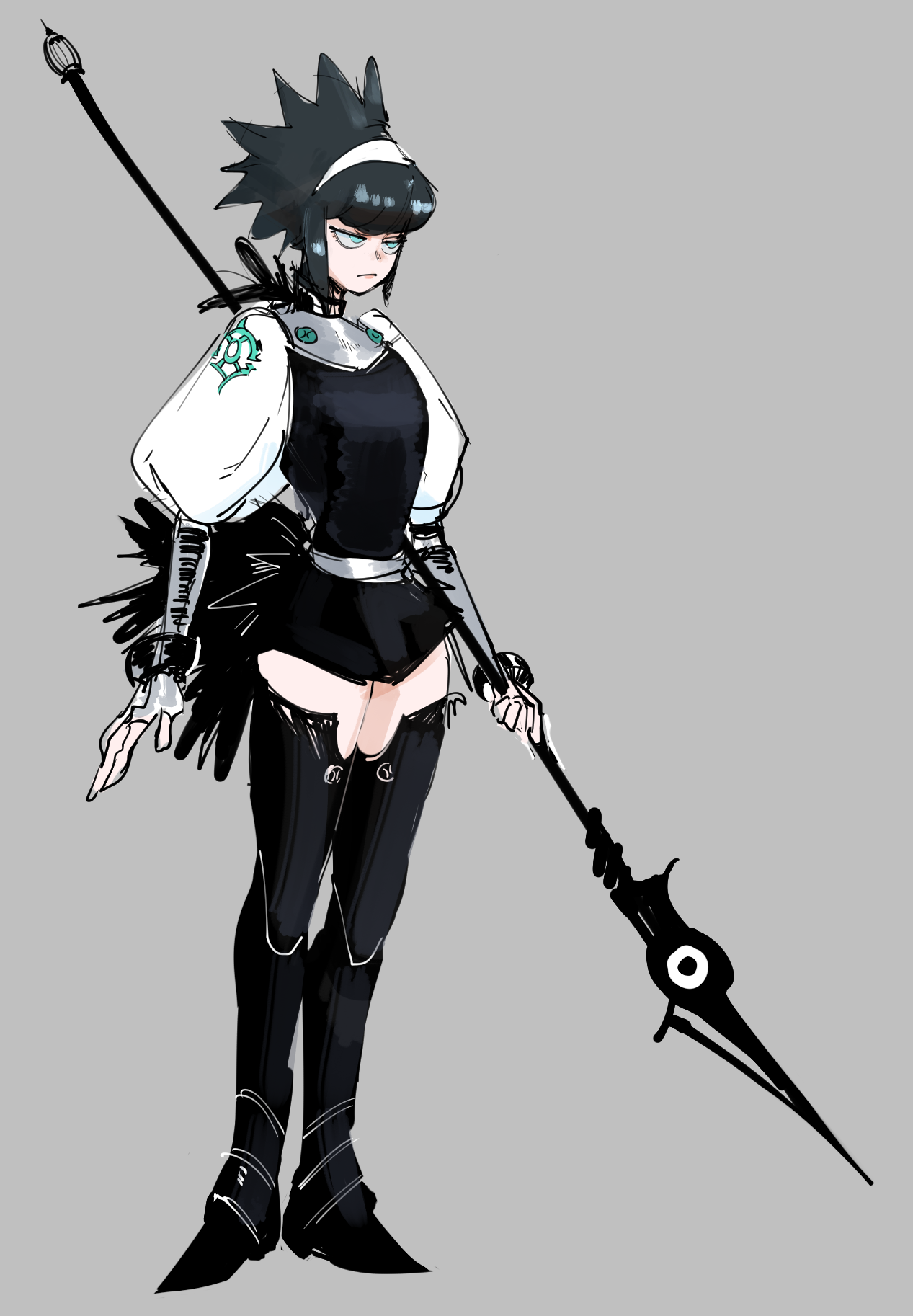 a digital illustration of a female anime character, possibly a warrior, with a black and white outfit, holding a black spear with a white eye at the end. she has black hair with a spiky and feathered crown. the background is a simple gray.