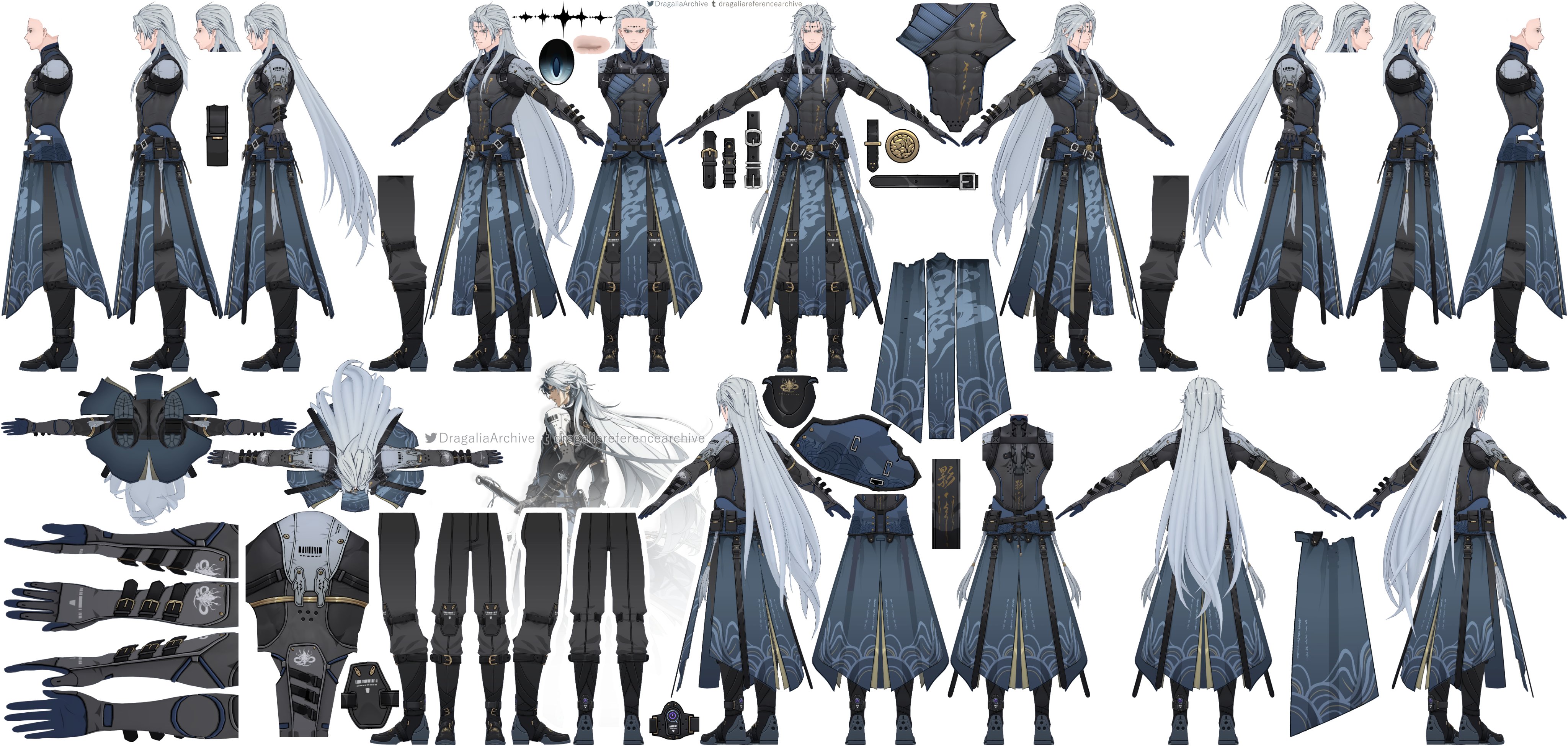 this image is a detailed model sheet of a male animestyle character, likely for use in a video game or animation.  the sheet shows the character from multiple angles, including front, back, side, and threequarter views.  it also includes closeups of the character's clothing and accessories, broken down into individual pieces, and shows different poses. the character design features long white hair, dark and blue clothing reminiscent of a samurai or fantasy warrior, and detailed accessories like a sword.  the style is clean and precise, suitable for use as a reference for modelers, animators, or artists.