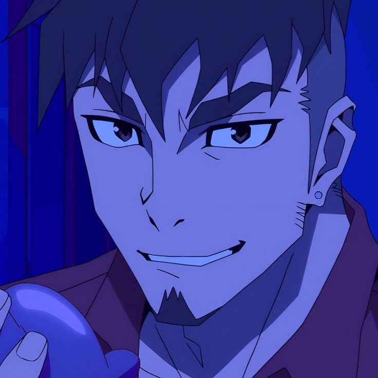 this is a closeup shot of an anime character with brown hair and blue eyes. he has a smirk on his face and is wearing a red shirt. the background is dark blue.