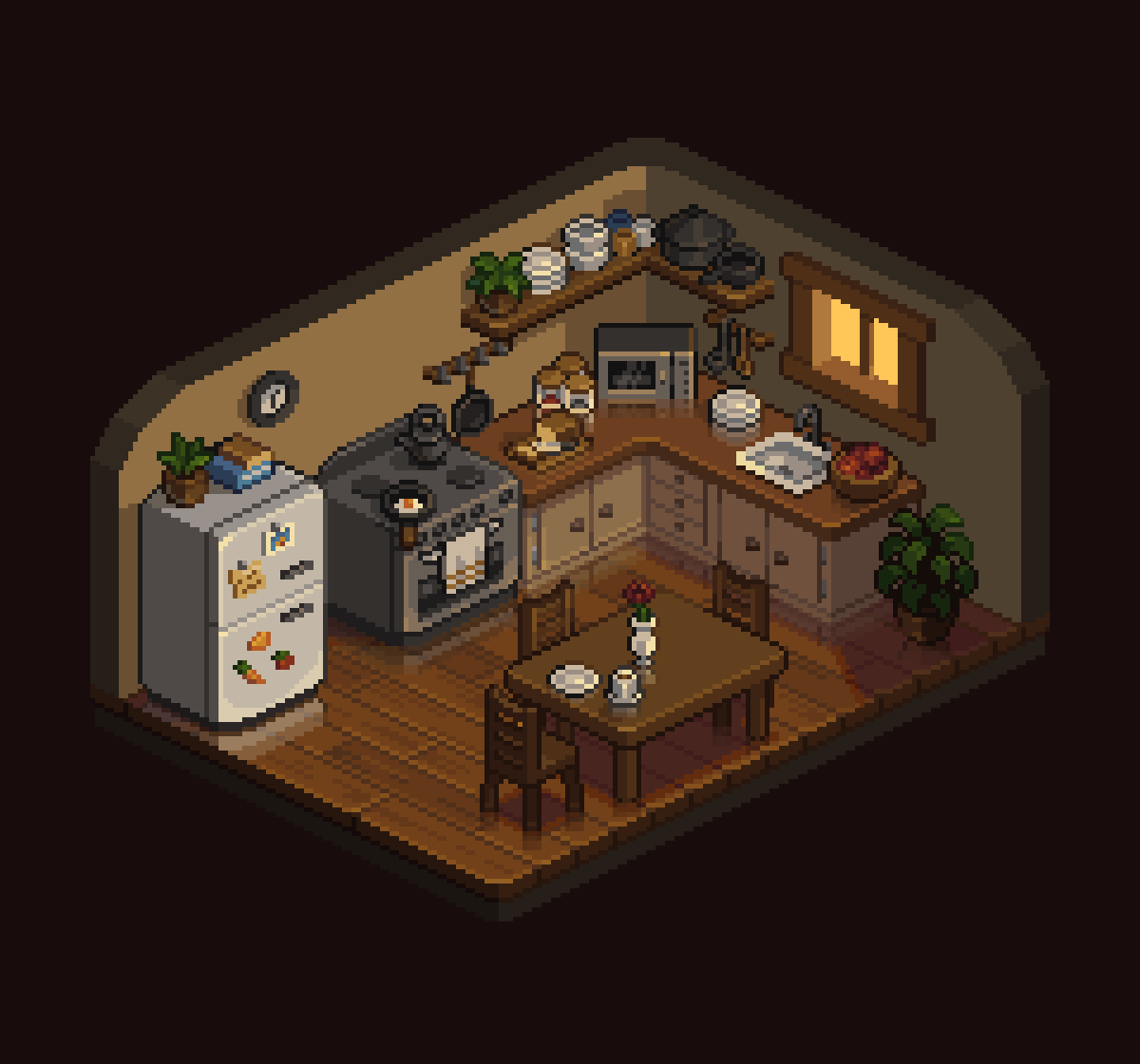 this image is a detailed pixel art rendering of a cozy kitchen scene in isometric perspective. the kitchen is wellequipped with appliances such as a stove, refrigerator, and microwave, and is stocked with various cooking utensils and food items. a small dining table with two chairs is set in the kitchen, suggesting a warm and inviting atmosphere. the overall style is reminiscent of classic 8bit video games.  the lighting is warm and inviting, and there are small details like plants, a clock and food items that add to the realism. the pixel art style is very clean and precisely rendered.