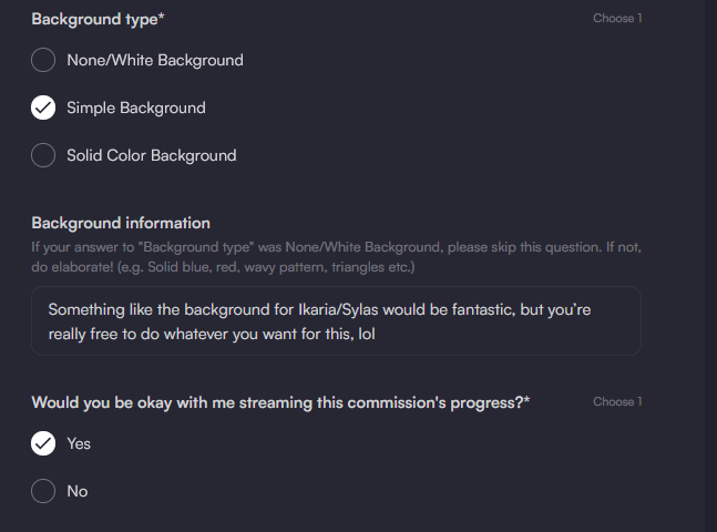 the image shows a section of an online form with questions about background preferences for an image commission. it includes options for "background type" (none/white, simple, solid color), a text box for providing details, and a question about streaming the commission's progress, with "yes" selected.