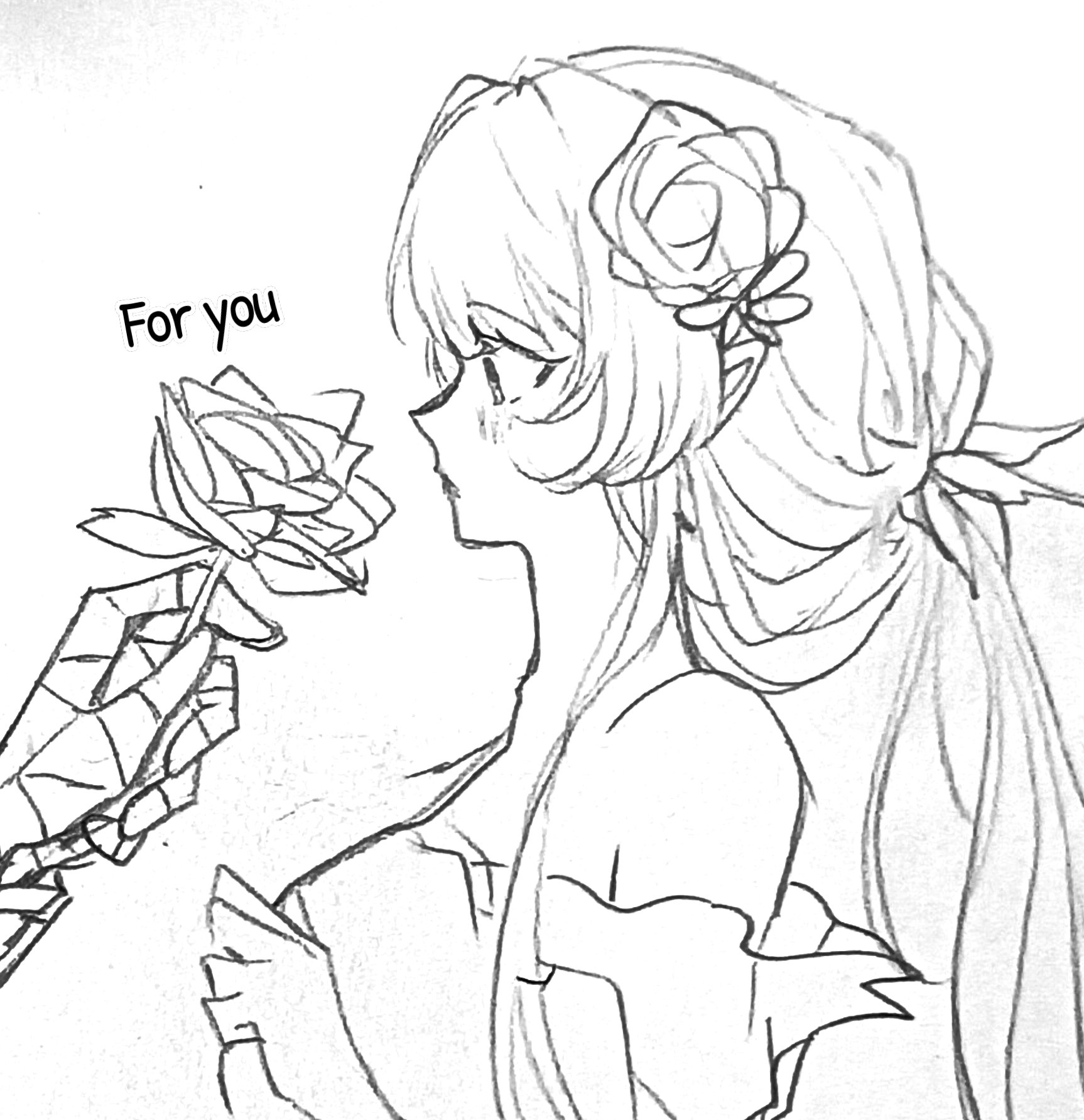 a black and white drawing of a girl with long hair and a flower in her hair. she is looking at a rose that is being held out to her by an unseen hand. the words "for you" are written above the rose. the drawing is done in a manga style.