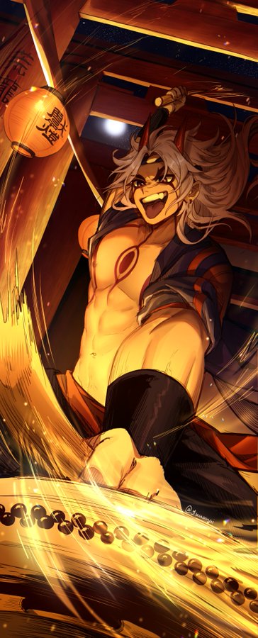 this is a digital illustration of a male anime character. the character is  dressed in a red and black outfit with white hair, and he's holding a katana sword, and in the background, there is a golden light. the character is in the middle of a fight, and they appear to be using their sword to attack.  the image is very dynamic and motion, with the character's hair and clothes flowing in the wind, and the golden light highlighting their movements.  the image is visually appealing and would be a great addition to any anime or manga fan's collection.