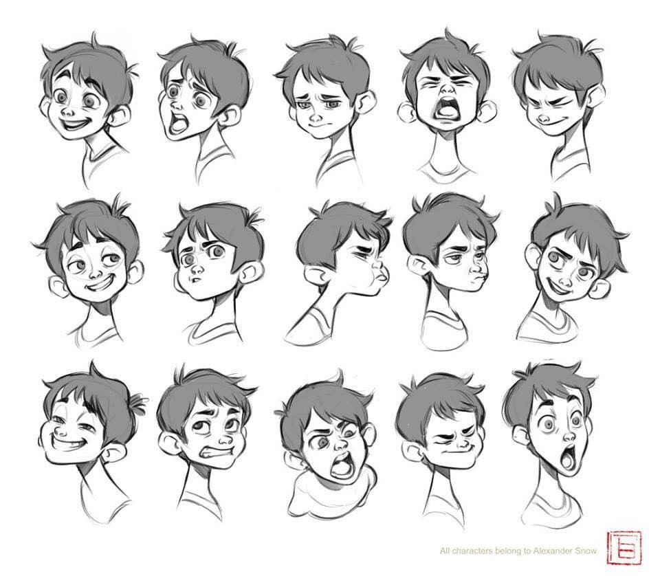 the image contains sixteen sketches of a boy's head showing different facial expressions. the sketches are done in grayscale and range from happy and surprised to angry and sad.  the style is cartoonish and expressive, suggestive of character design for animation.  a caption at the bottom credits alexander snow as the artist.