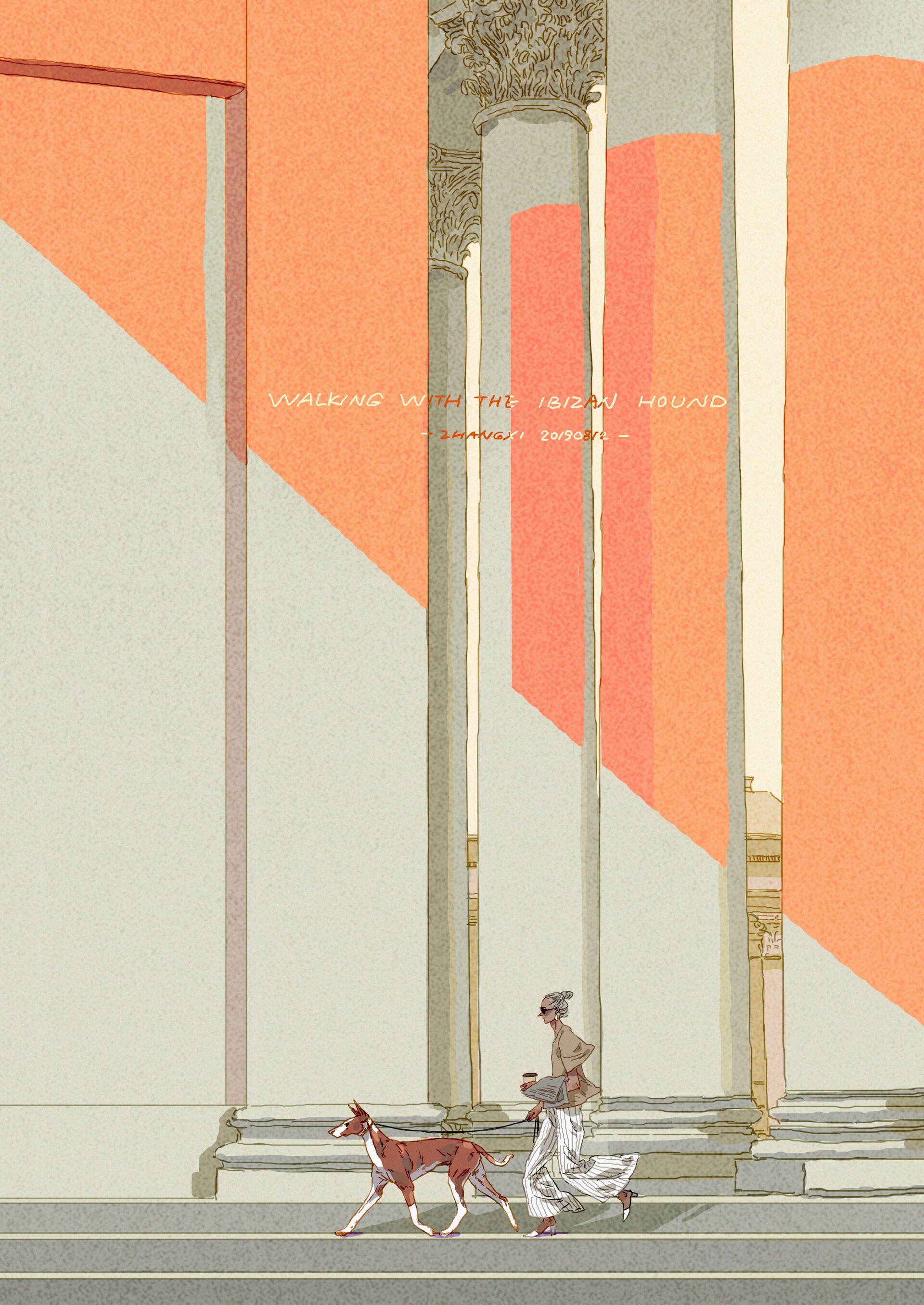 a minimalist illustration depicts a woman walking a dog on a leash down a city street. the woman wears a white outfit, sunglasses and carries a bag. the dog is a brown and white hound. the background features an architectural scene with columns and buildings in shades of orange and grey. the artwork has a modern and stylized feel.