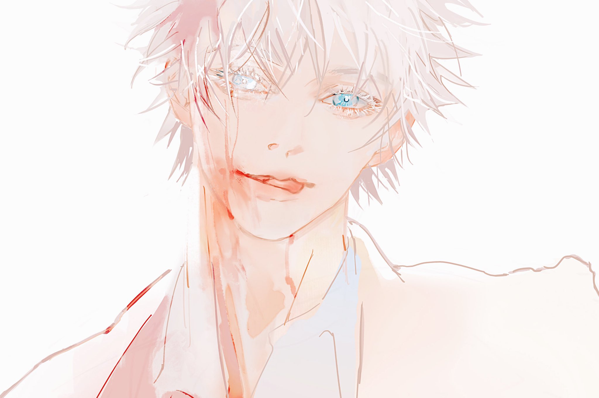 the image is a closeup illustration of a young man with spiky white hair and striking blue eyes. he has a smirk on his face and blood splattered on his cheek and neck, hinting at a possible fight or injury. his attire appears partially drawn, suggesting an unfinished or stylized aesthetic. the overall palette is soft and muted, with a focus on white, pink, and red hues.