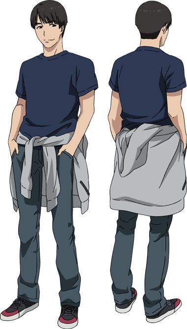 a 2d anime character design showcases a young man in casual attire. he is depicted in both front and back views against a plain white background. he wears a navy blue tshirt, blue jeans with the cuffs rolled up, a gray zipup hoodie tied around his waist, and black and red sneakers. he has short, black hair and a neutral expression. the image utilizes studio lighting and presents a clean, crisp look at the character's design.