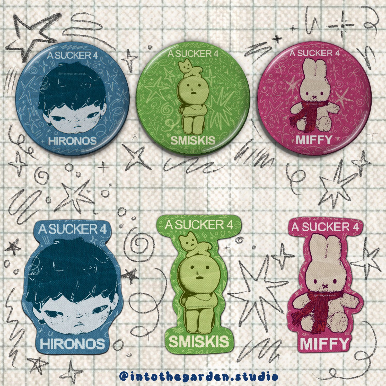 he image shows nine illustrated buttons or stickers featuring three different characters: miffy, smikis, and hironos.  each character is depicted in a different color scheme (pink, green, and blue) on three different background styles of round badges and three smaller square stickers. all badges and stickers have the words "a sucker 4" printed on them. the background is a grid pattern reminiscent of notebook paper, with handdrawn stars and doodles scattered around the buttons. the style is cute and cartoonish.  the bottom right corner displays a watermark or studio name "@intothegarden.studio".