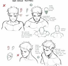 the image is an instructional diagram on drawing the male head and shoulders from a high angle. it features multiple sketches of a male figure from the chest up, with annotations and pointers highlighting key anatomical features and how they appear from this perspective. the diagram emphasizes elements like the overlap of the head and neck, the prominence of the cheekbones and jawline, and the foreshortening of the features.