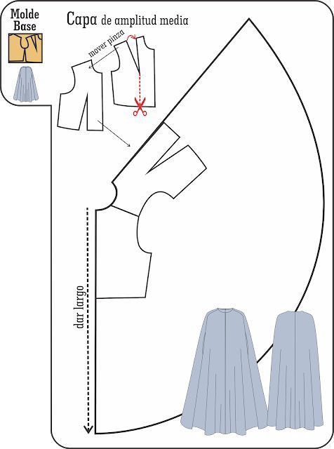 the image shows a sewing pattern for a cape. the pattern includes various pattern pieces and diagrams. the cape design is labeled "capa de amplitud media". the image also includes the label "molde base". text near one of the pattern pieces says "mover pinza" and an image of scissors suggest cutting the pattern there. the text "dar largo" indicates a length adjustment can be made.