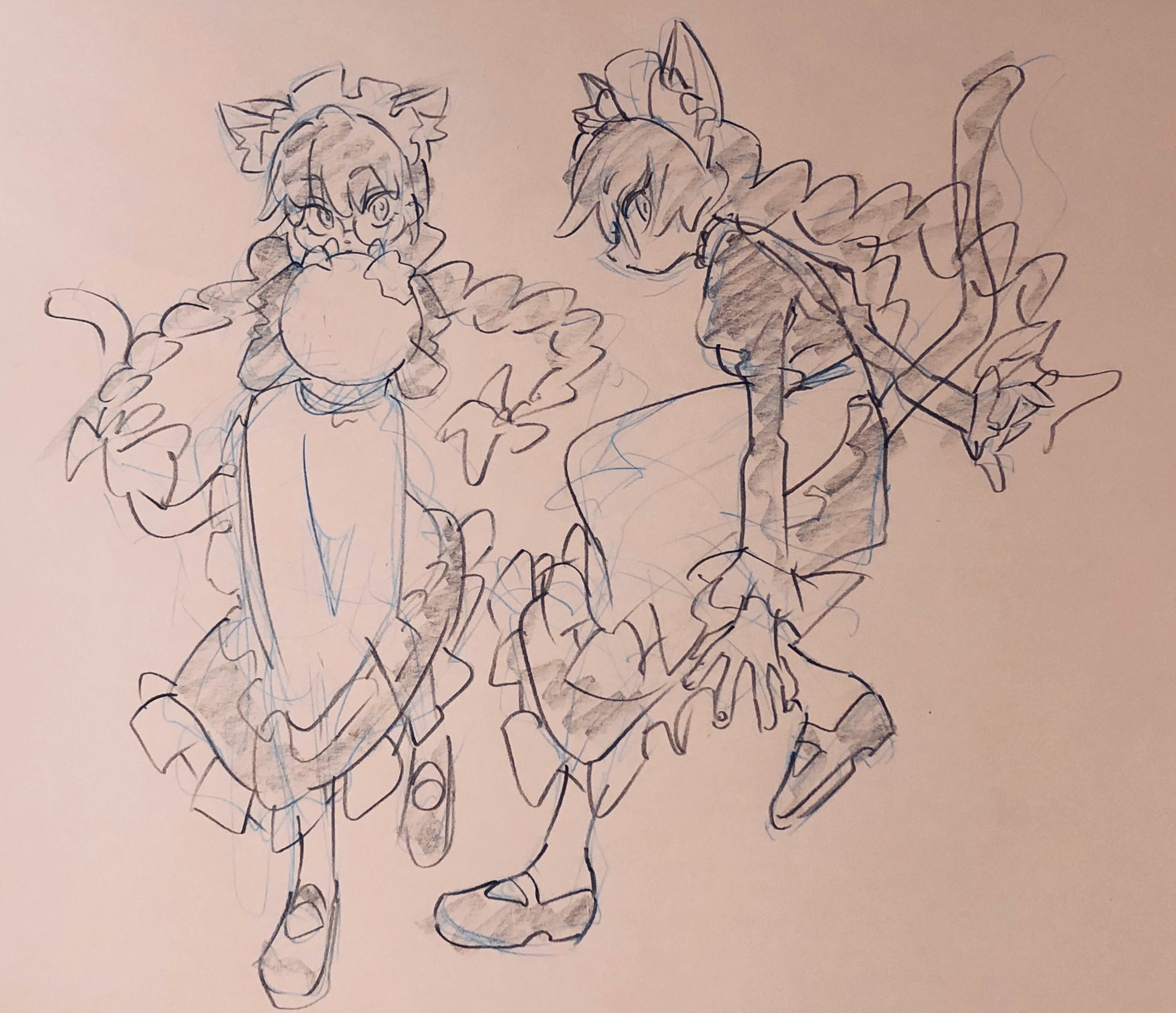 a quick sketch of two girls dressed in catthemed maid outfits. the girl on the left is holding a ball, while the girl on the right appears to be midrun with her tail whipping around. they are drawn in a playful anime style.