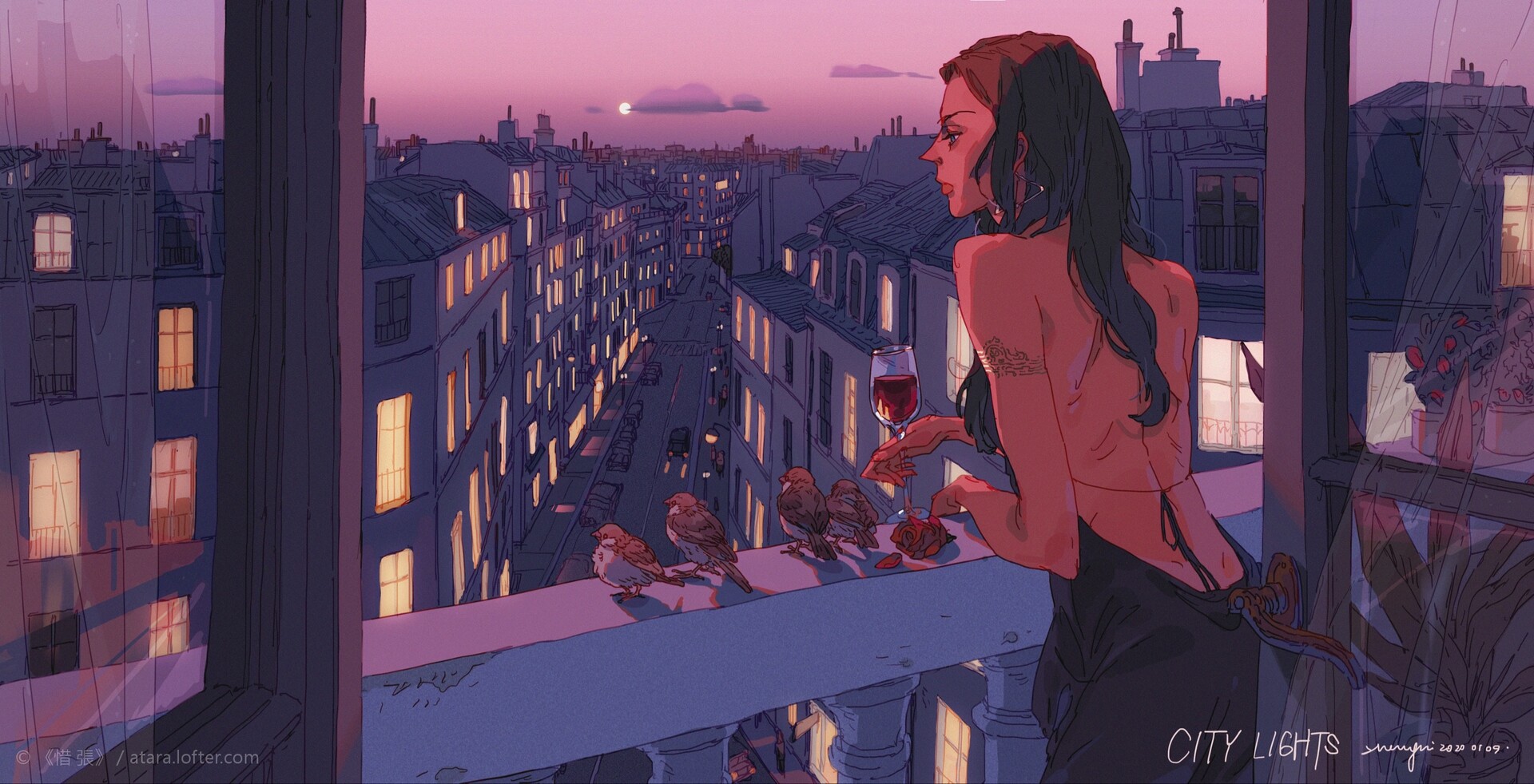 a woman stands in a window, looking out at the city. it's late evening, and the sun is setting, casting a warm glow over the buildings. the woman is holding a glass of wine, and she looks content. the city lights are twinkling in the distance, and there are birds perched on a railing. the woman is silhouetted against the window, making her look almost ghostlike. the image is a beautiful illustration of a peaceful moment.