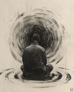 a man in a meditative pose sits with his back to the viewer in this charcoal sketch. he is centrally positioned against a background of concentric circles.