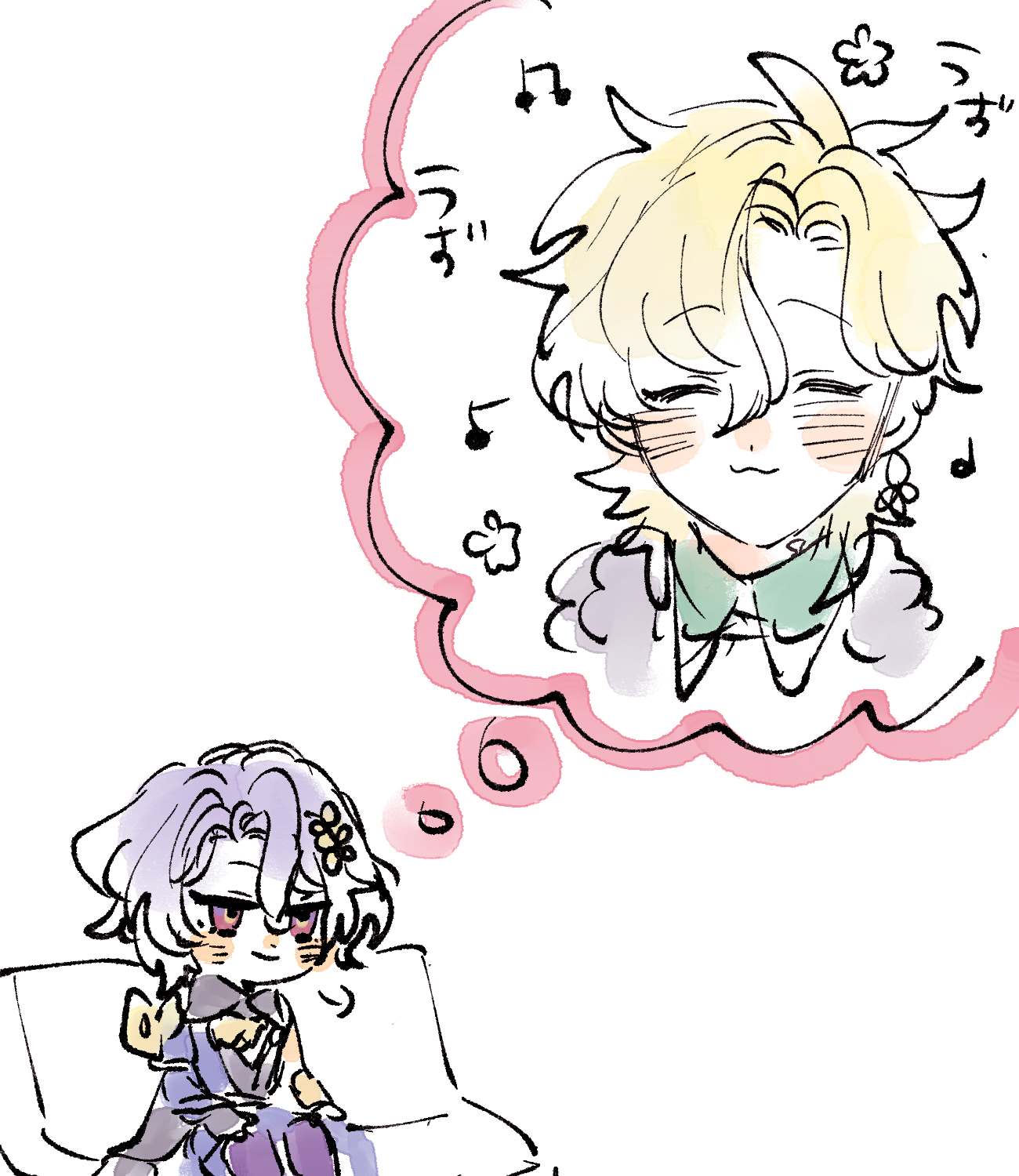 the image is a cute animestyle drawing. it depicts a chibistyle girl sitting on a bed or couch, daydreaming about a blondehaired boy. the boy is depicted in a thought bubble above her head, with music notes and flowers floating around him, suggesting a romantic or happy feeling. the overall style is soft and pastelcolored, with a slightly messy and sketchy look. the characters have large eyes and simple features, consistent with the chibi style. the japanese text in the thought bubble likely adds to the narrative but is not translatable without more context.