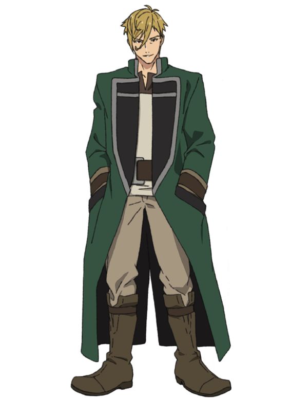 the image shows a male anime character standing with a serious expression. he has blond hair and is wearing a green coat, brown pants, brown boots, a white shirt, and a black belt.