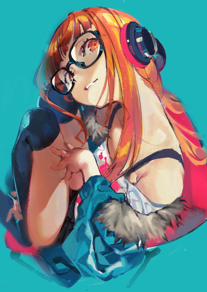 his is a stylised illustration of futaba sakura from persona 5. she is drawn in a dynamic pose, looking over her shoulder towards the viewer. she is wearing headphones, glasses, and a partially unzipped jacket, revealing a glimpse of her stomach. the background is a solid teal color. the illustration uses a vibrant colour palette and bold brushstrokes.