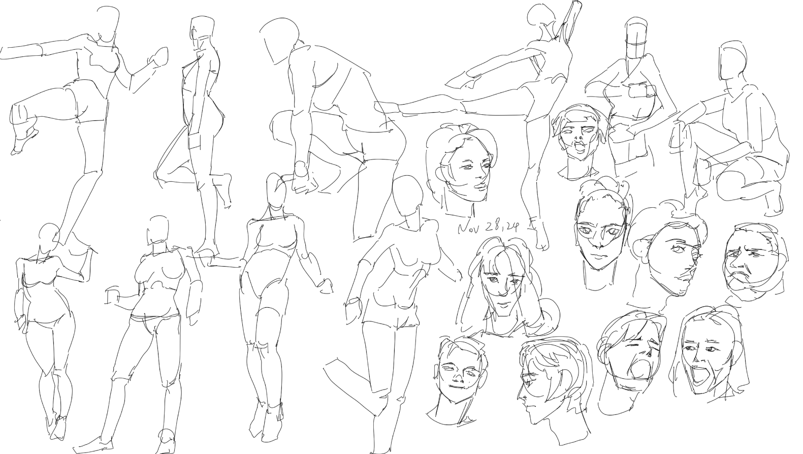 he image contains a collection of quick, expressive figure drawings and head sketches. the style is loose and gestural, focusing on capturing movement and form rather than precise detail.  the drawings depict various poses and angles of the human body, including full figures in dynamic action and closeups of heads and faces. the line work is fluid and energetic, creating a sense of spontaneity and immediacy.  a date, "nov 28 2024," is visible within the sketches. the overall impression is of a sketchbook page filled with studies of the human form.