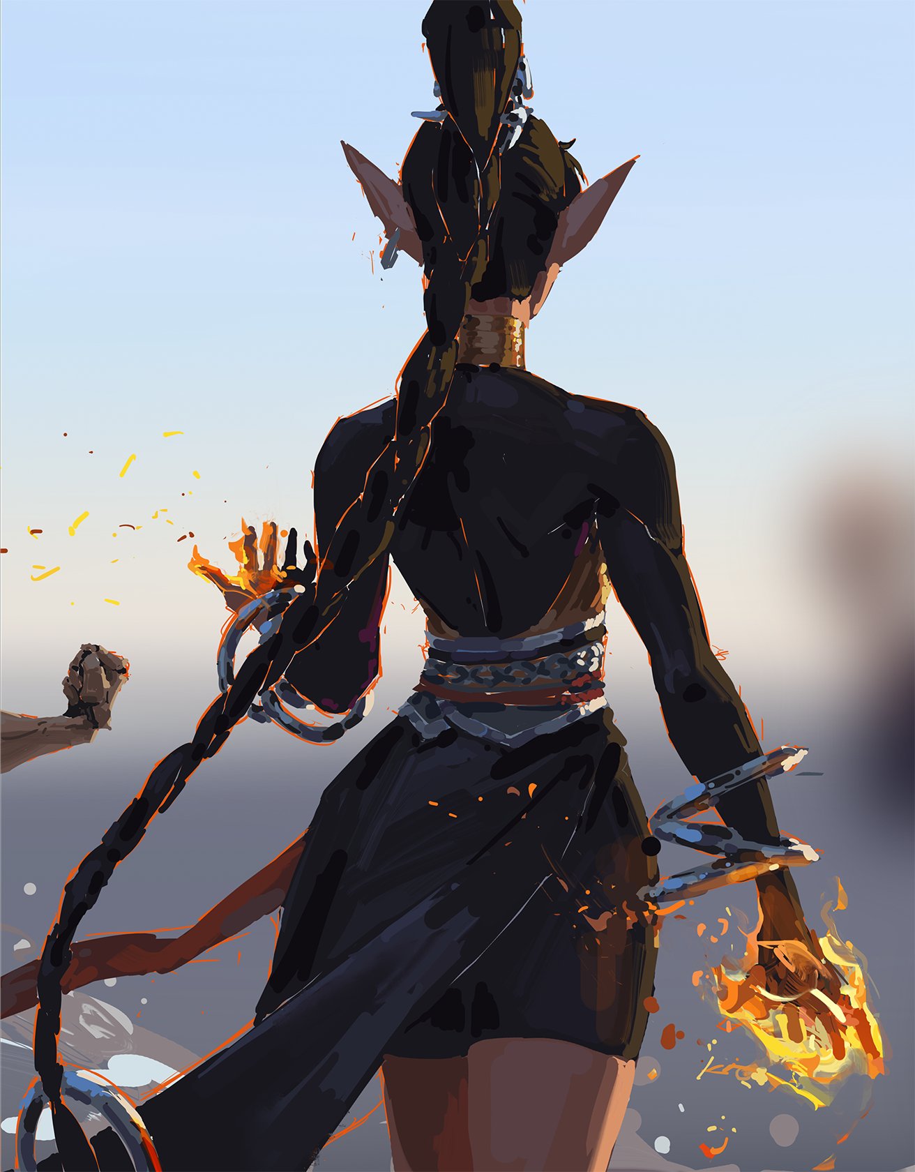 the digital painting showcases a female elf from the back, her long dark hair styled in a high ponytail. she's dressed in a dark, formfitting outfit that looks like a warrior's attire.  her hands are glowing with bright orange and yellow flames, suggesting she possesses fire magic. the background is a hazy sunset, adding an atmospheric touch to the piece. the style is painterly and evocative, with visible brushstrokes. the overall feel is one of fantasy and mystery.  a small portion of another figure is visible in the bottomleft corner, hinting at a larger scene or narrative.