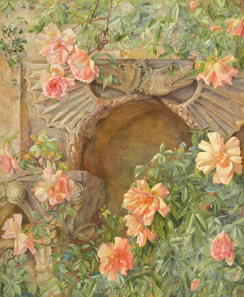 a painting shows a stone wall with an archway, surrounded by salmoncolored roses and foliage. the wall is intricately detailed with classical architectural elements, including ornate carvings and moldings. the archway itself appears weathered and aged. roses in various stages of bloom climb around the structure, adding a touch of vibrant color and life to the scene. the overall impression is one of a tranquil, oldworld garden setting.