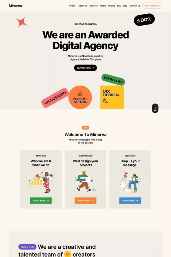 this is a screenshot of a digital agency website. the website is designed in a modern and minimalist style with a focus on clean and simple typography and vibrant colors. the website features a large header image showcasing the agency's services and a call to action button to learn more. the website also includes a section highlighting the agency's team and their expertise in different areas, such as web design, ui design, and social media. the website's overall design is very appealing and professional, making it a good choice for a digital agency looking to showcase their services and attract new clients.