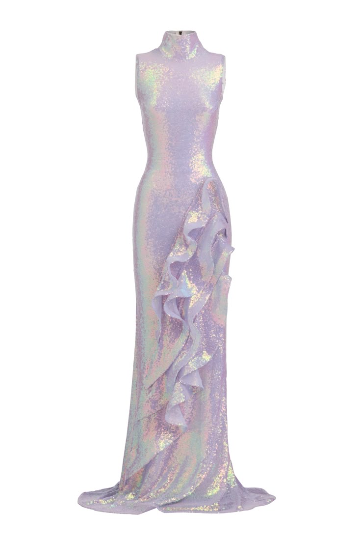 a floorlength, iridescent sequin gown with a high neck and sleeveless design is displayed on a mannequin. the dress features a cascading ruffle detail down the front.